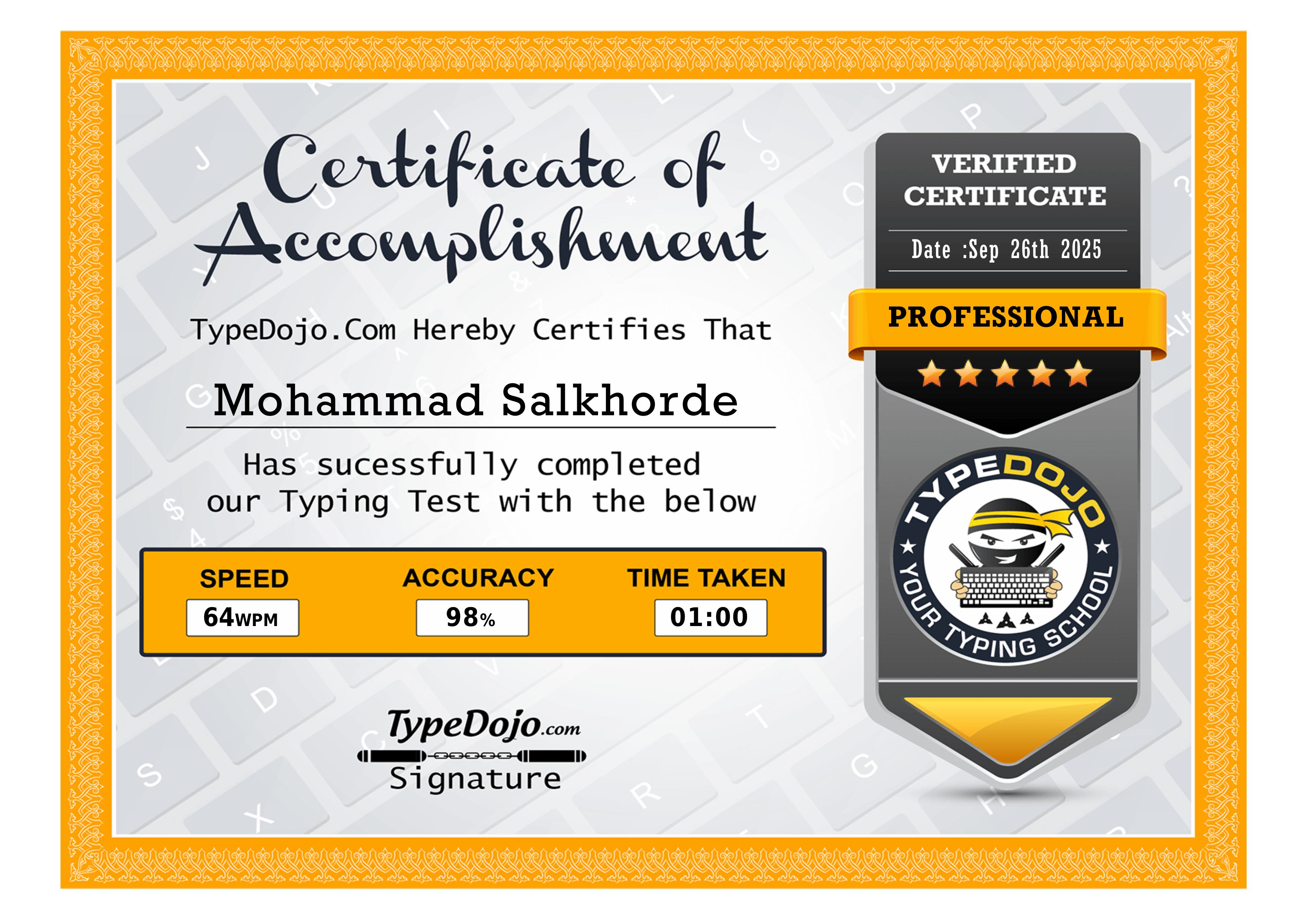 Professional Typing Certificate