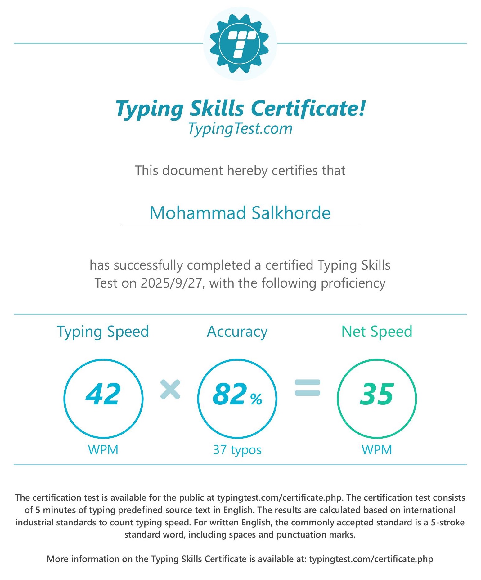 Professional Typing Certificate